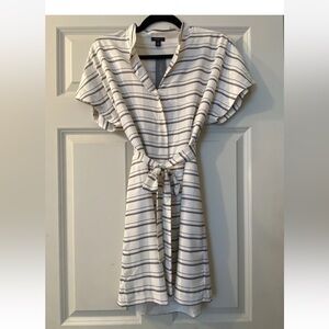 Ann Taylor White Dress with Navy Stripes and Tie Waist